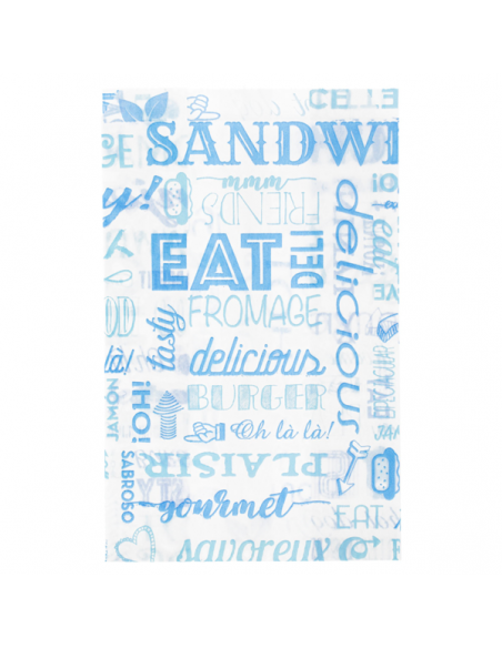Bolsa de papel antigrasa PAROLE azul para hamburguesas, sándwiches y bocadillos.