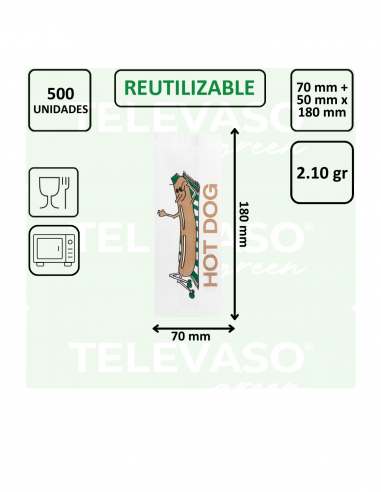 Bolsa de papel antigrasa para servir hot dogs, perritos calientes y bocadillos pequeños.