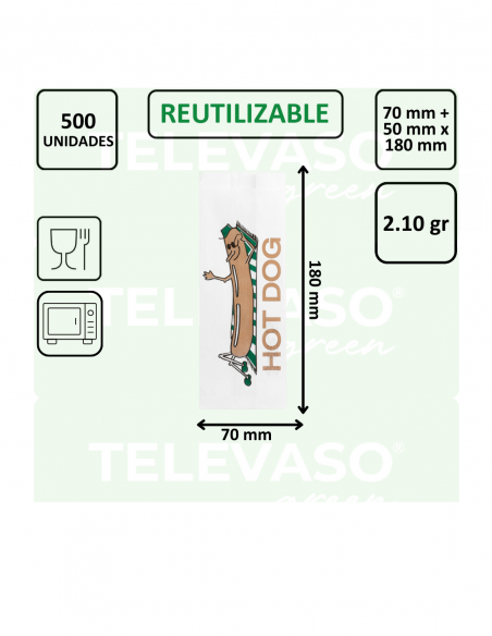 Bolsa de papel antigrasa para servir hot dogs, perritos calientes y bocadillos pequeños.