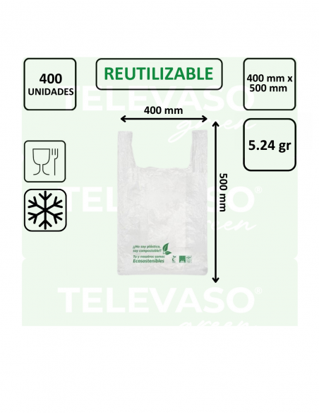 Bolsas compostables en rollo de 400 × 500 mm para frutas, verduras y productos de alimentación.