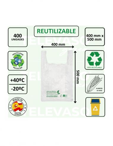 Bolsas compostables en rollo de 400 × 500 mm para frutas, verduras y productos de alimentación.