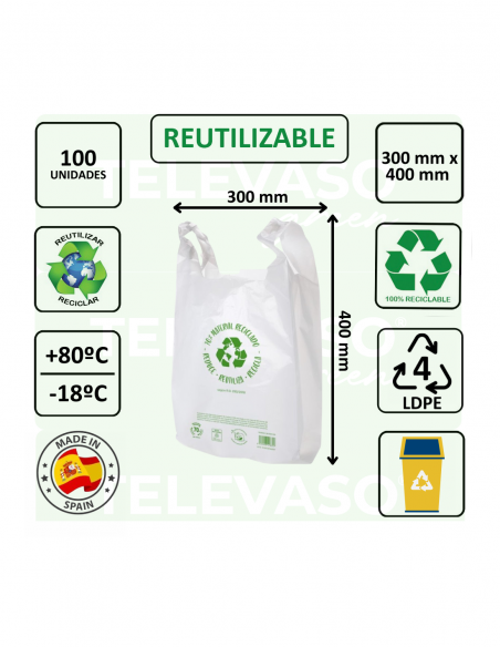 Bolsa camiseta blanca reciclada en formato block, ideal para supermercados y comercios de alimentación.