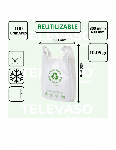 Bolsa camiseta blanca reciclada en formato block, ideal para supermercados y comercios de alimentación.