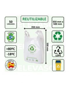 Bolsa camiseta blanca reciclada de gran capacidad para supermercados y comercios de alimentación. 2
