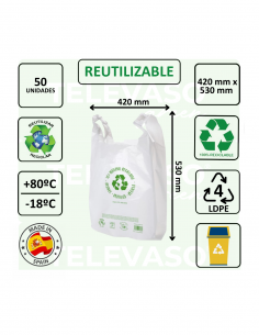 Bolsa camiseta blanca reciclada de gran capacidad para supermercados, alimentación y comercios. 2