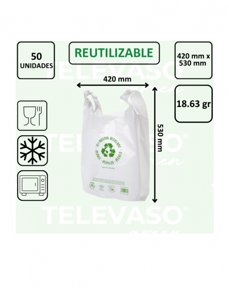 Bolsa camiseta blanca reciclada de gran capacidad para supermercados, alimentación y comercios.