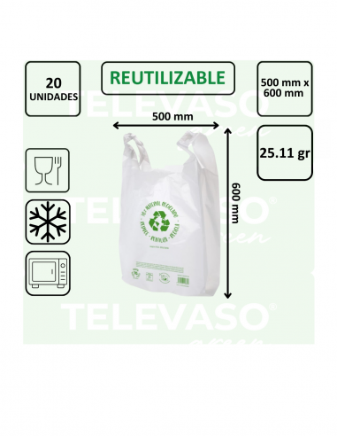 Bolsa camiseta blanca reciclada de gran capacidad para supermercados, comercios y establecimientos de alimentación.