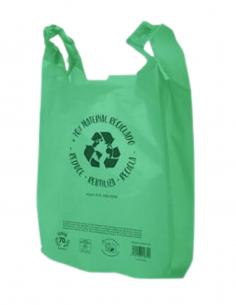 Bolsa camiseta verde reciclada de gran capacidad para supermercados, alimentación y comercios.