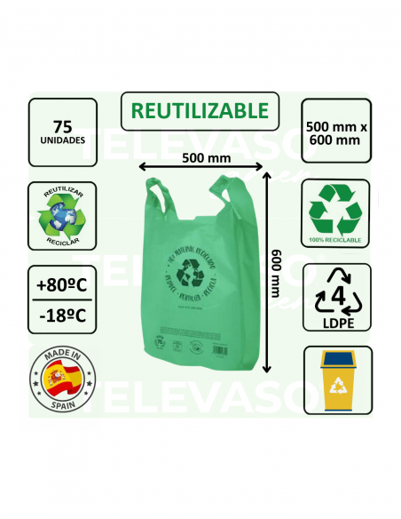 BOLSAS CAMISETA BLOCK VERDE 500X600 mm. RECICLADA +70 % / GALGA 210