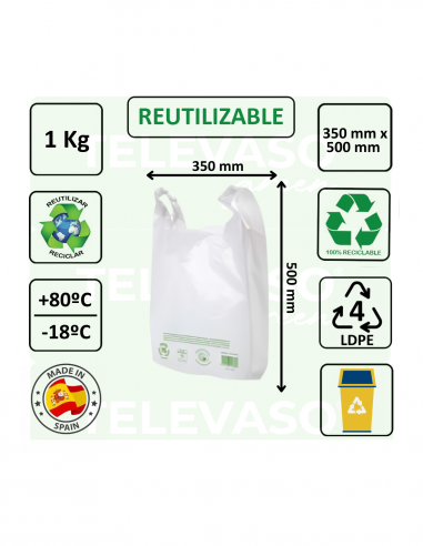 Bolsa camiseta blanca reciclada de gran capacidad para supermercados, comercios y establecimientos de alimentación.
