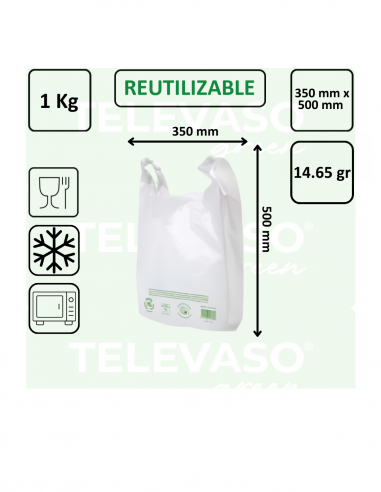 Bolsa camiseta blanca reciclada de gran capacidad para supermercados, comercios y establecimientos de alimentación.