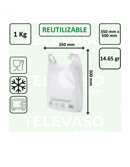 Bolsa camiseta blanca reciclada de gran capacidad para supermercados, comercios y establecimientos de alimentación.