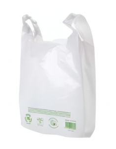 Bolsa camiseta blanca reciclada de gran capacidad para supermercados, comercios y establecimientos de alimentación.