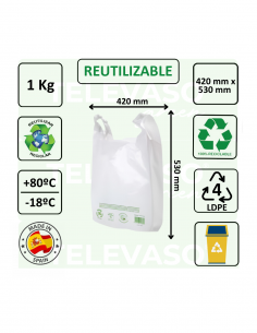 Bolsa camiseta blanca reciclada de gran capacidad para supermercados, comercios y establecimientos de alimentación. 2