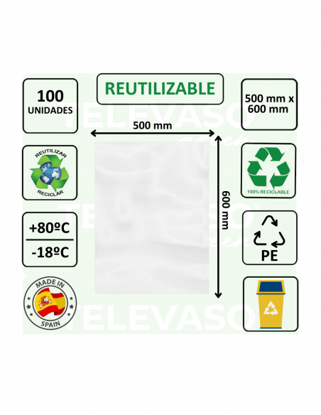 Bolsa de polietileno transparente de gran capacidad para alimentos y productos voluminosos.