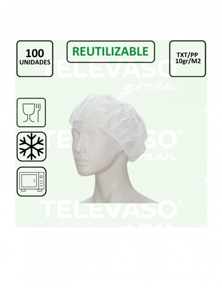 Gorros desechables de polipropileno blanco con doble goma para hostelería e industria alimentaria.
