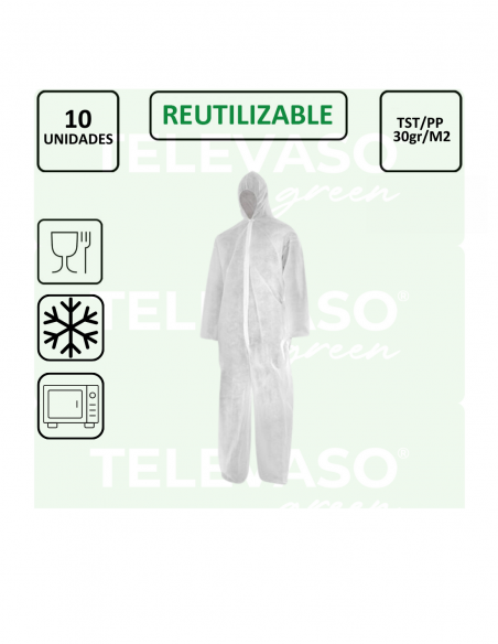 Mono desechable de polipropileno con capucha, cremallera frontal y puños y tobillos elásticos para uso profesional.