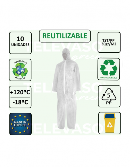 Mono desechable de polipropileno con capucha, cremallera frontal y puños y tobillos elásticos para uso profesional.