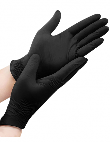 Guantes de nitrilo negro desechables para hostelería, alimentación, barberías, tatuajes y uso profesional.