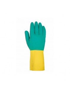 Guantes de látex bicolor reutilizables para limpieza profesional y doméstica.