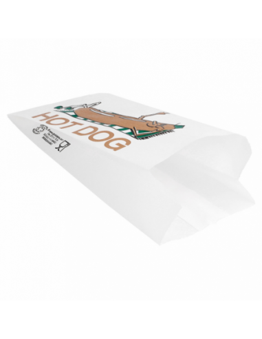 Bolsa de papel antigrasa para servir hot dogs, perritos calientes y bocadillos pequeños.