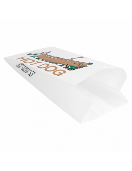 Bolsa de papel antigrasa para servir hot dogs, perritos calientes y bocadillos pequeños.