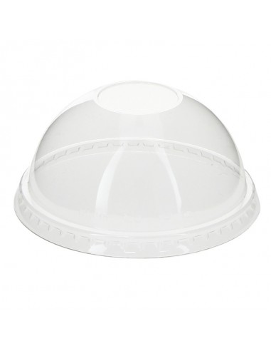 Tapa cúpula rPET transparente sin agujero de 95 mm para smoothies, postres y bebidas frías.