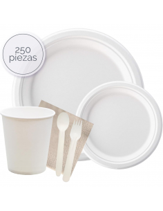 Set de fiesta completo con platos, vasos, cubiertos y servilletas ideal para celebraciones y eventos.
