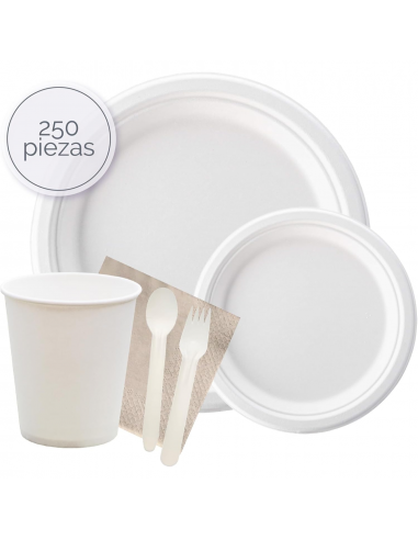 Set de fiesta completo con platos, vasos, cubiertos y servilletas ideal para celebraciones y eventos.