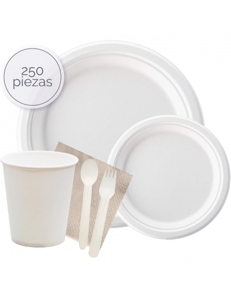 Set de fiesta completo con platos, vasos, cubiertos y servilletas ideal para celebraciones y eventos.